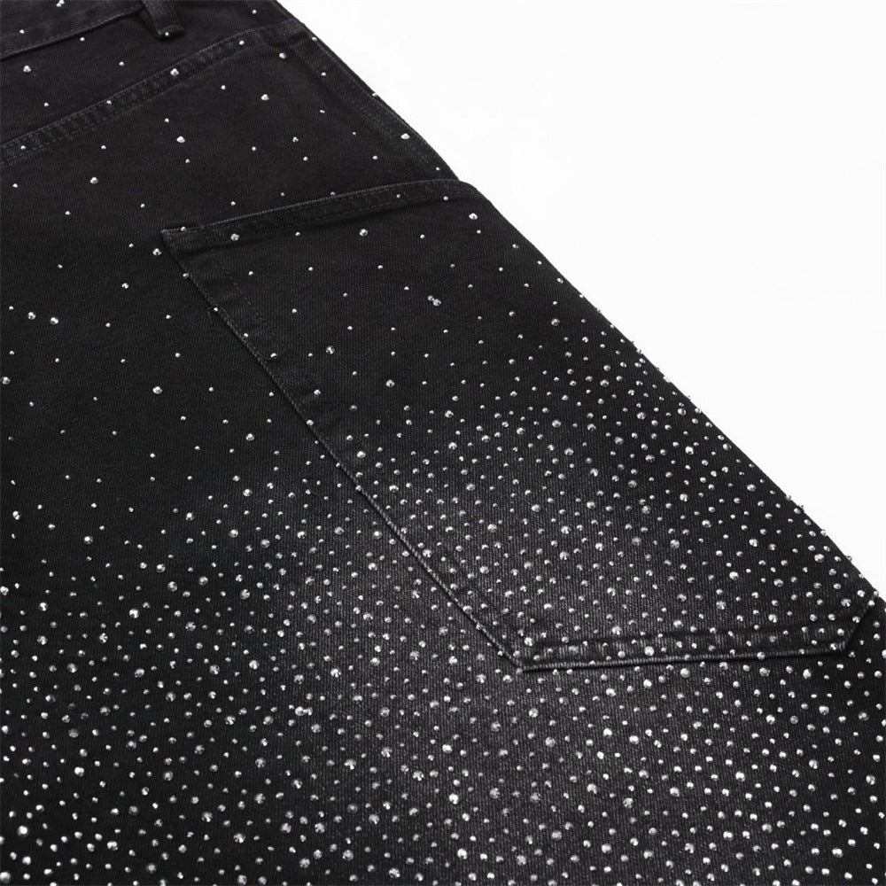 Rhinestone Wide-Leg Jeans – Men's Distressed Denim with Large Cargo Pockets &