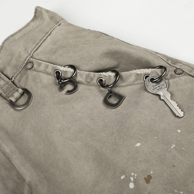 Pantalon cargo wide leg – Kaki délavé, éclaboussures de peinture et chaîne métallique