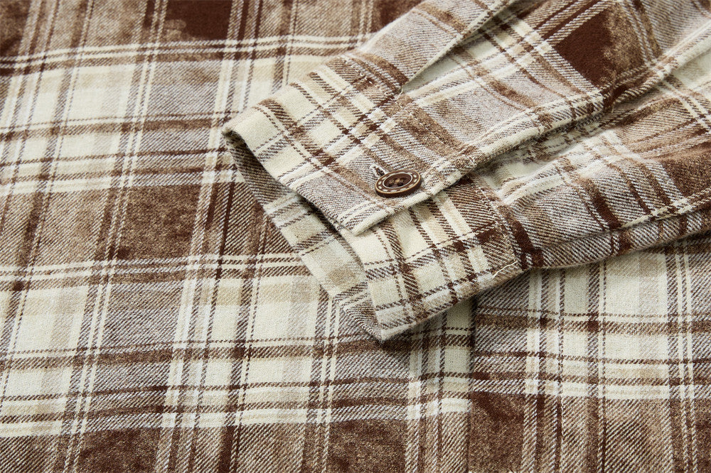 Men Long Sleeve Button Down Shirt Plaid Vintage Embroidered Flannel Overshirt