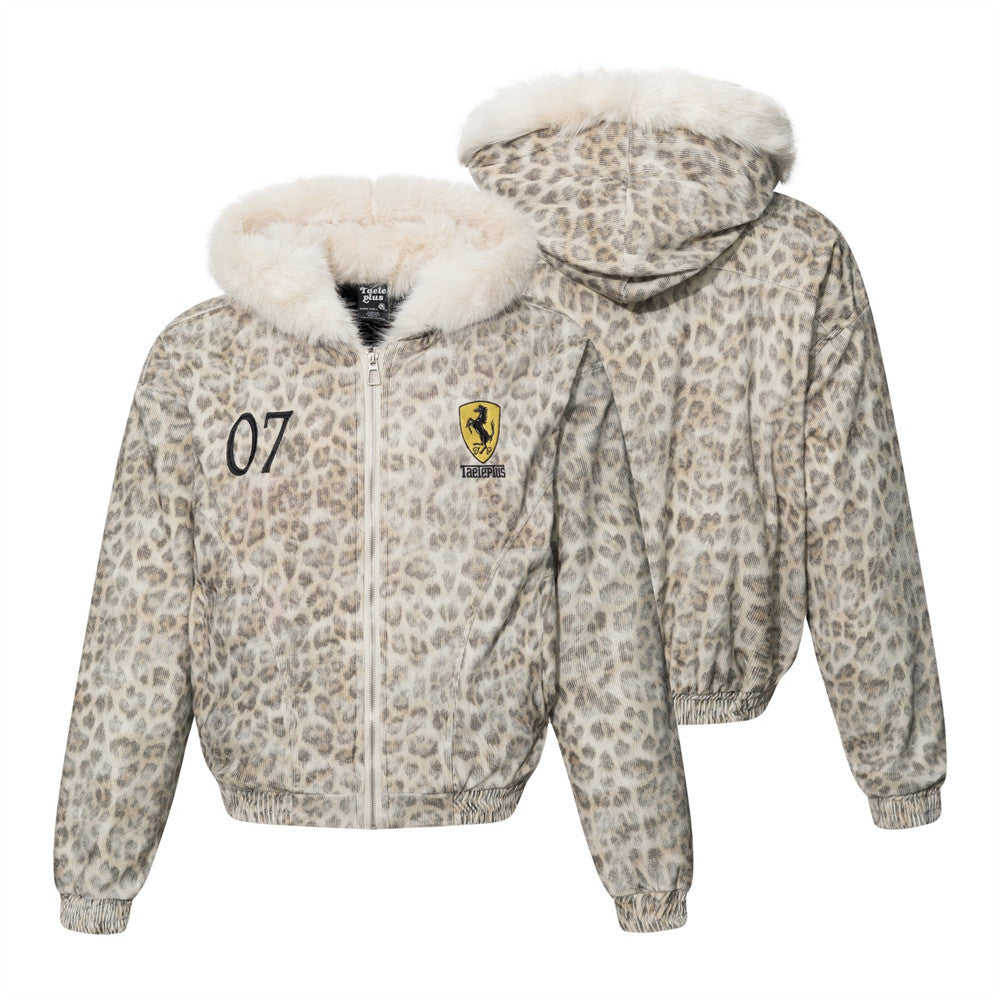 Leopard Print Hooded Bomber Jacket with Faux Fur Trim