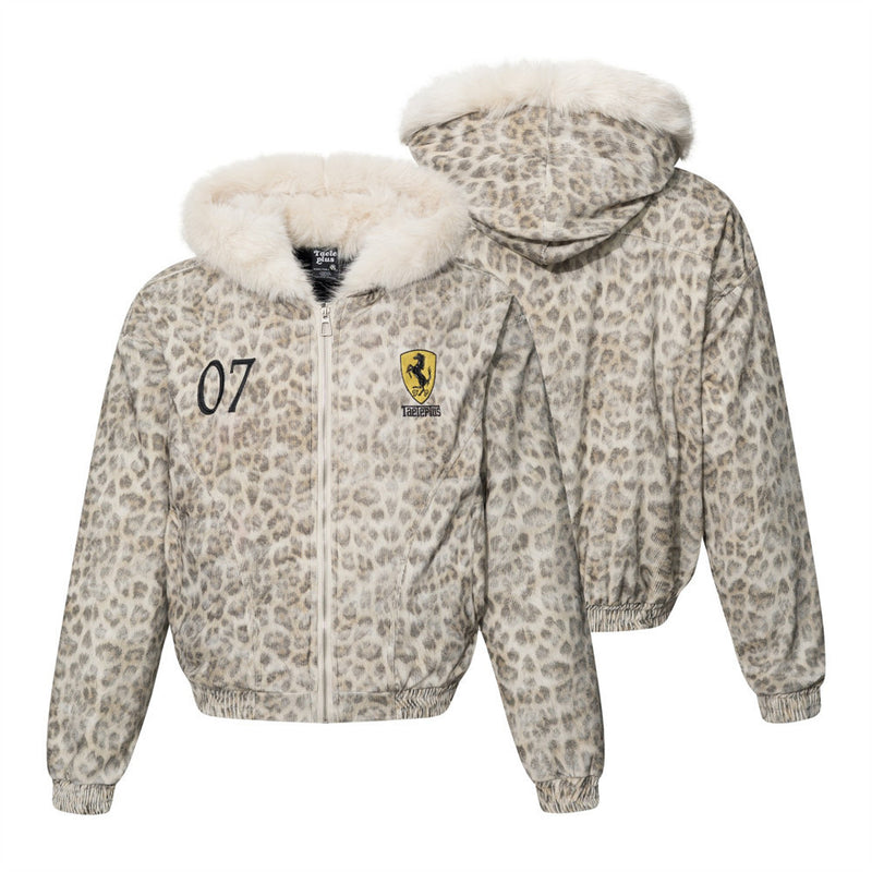 Leopard Print Hooded Bomber Jacket with Faux Fur Trim
