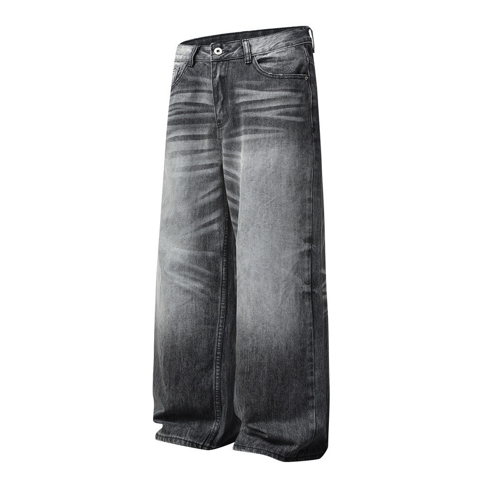 Wide-Leg Jeans Men's Washed Grey Vintage Distressed Baggy Denim Pants