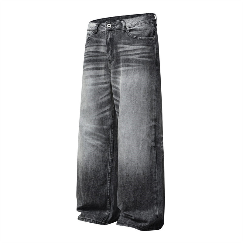 Wide-Leg Jeans Men's Washed Grey Vintage Distressed Baggy Denim Pants