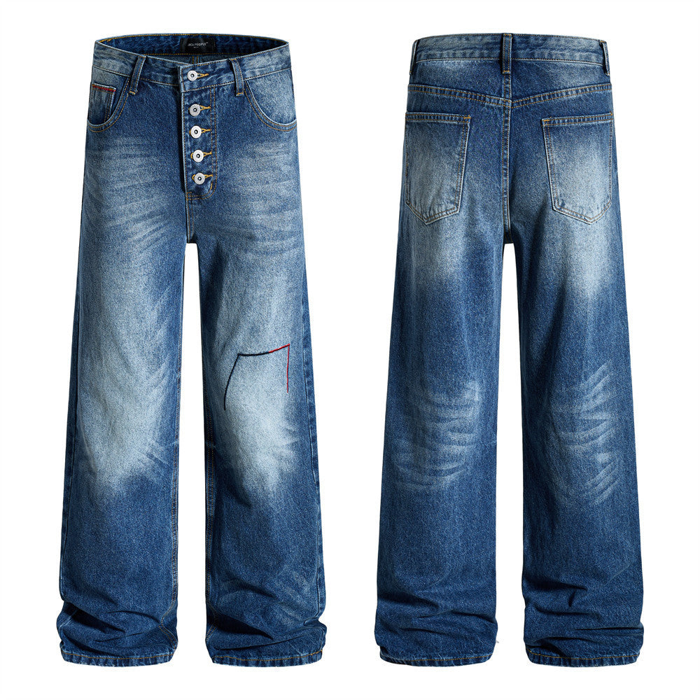 Baggy-Jeans mit weitem Bein – Knopfleiste, gewaschenes Dunkelblau, gerader High-Street-Schnitt