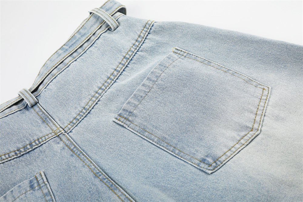 Light Wash Distressed Wide-Leg Jeans – Deconstructed Raw Edge Streetwear Denim