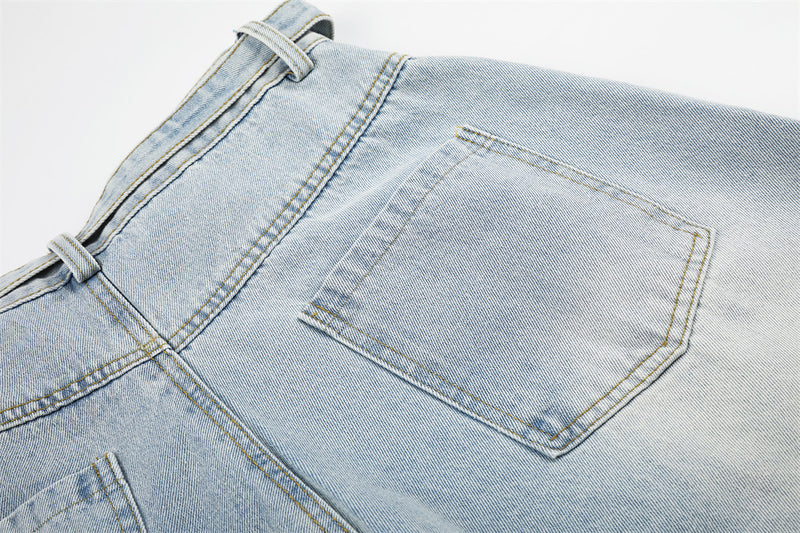 Light Wash Distressed Wide-Leg Jeans – Deconstructed Raw Edge Streetwear Denim
