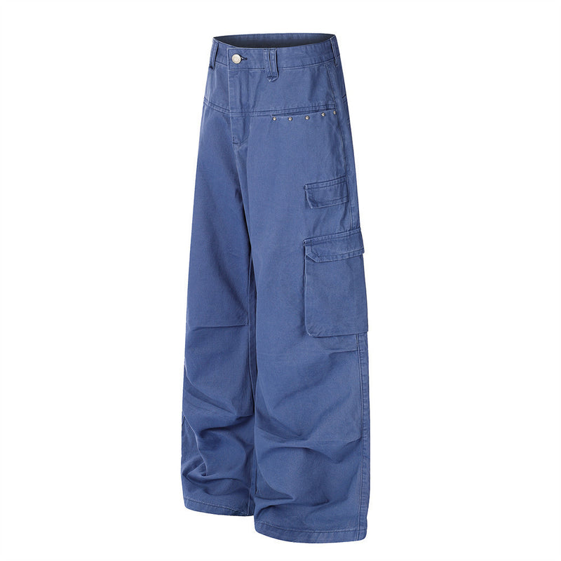 Pantalon cargo homme à jambes larges – Ceinture cloutée multi-poches, coupe droite décontractée