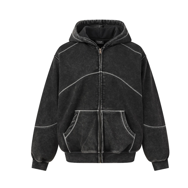 Oversized acid-wash zip up fleece hoodie with contrast topstitching in washed black, front view