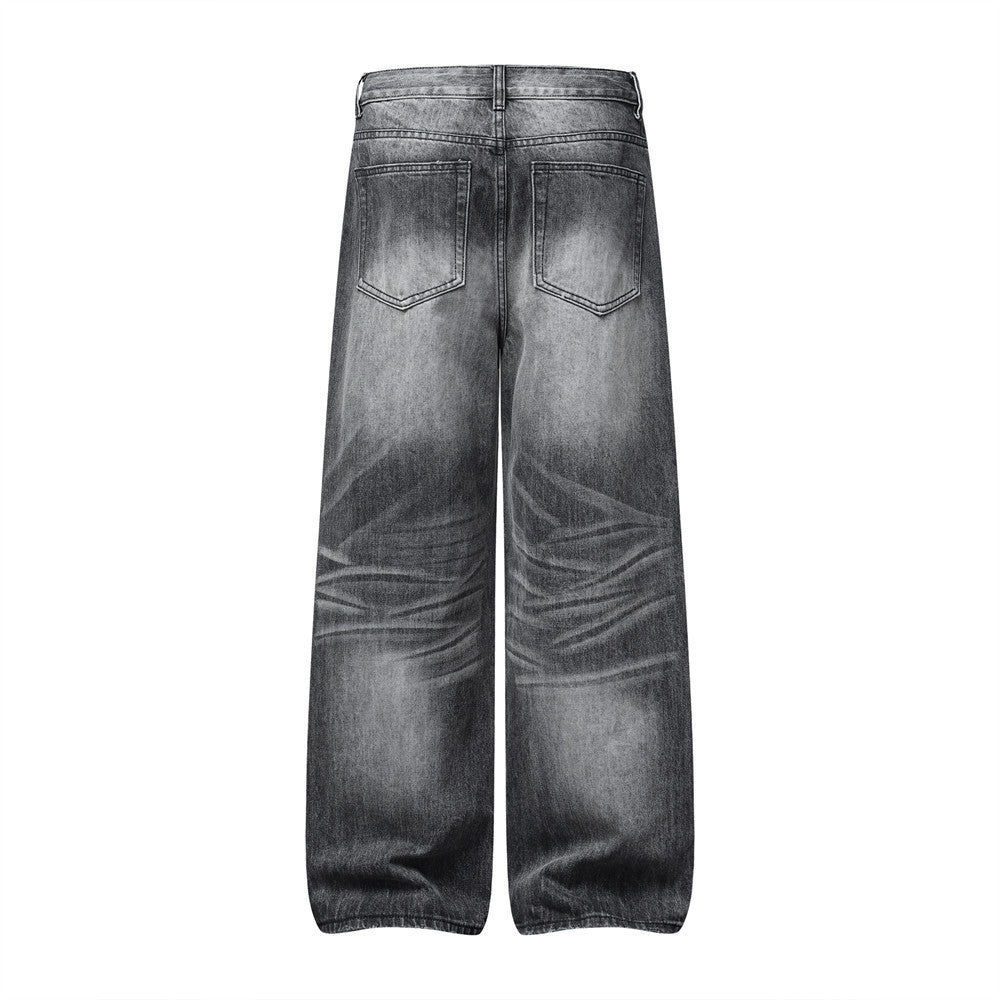 Wide-Leg Jeans Men's Washed Grey Vintage Distressed Baggy Denim Pants