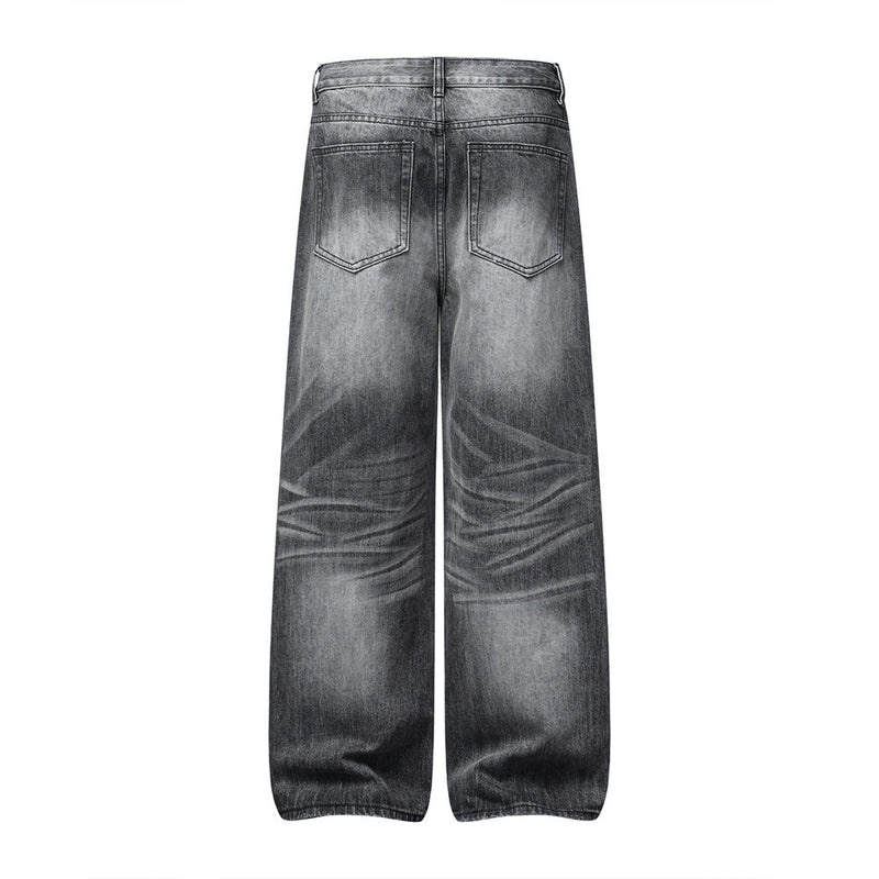 Wide-Leg Jeans Men's Washed Grey Vintage Distressed Baggy Denim Pants
