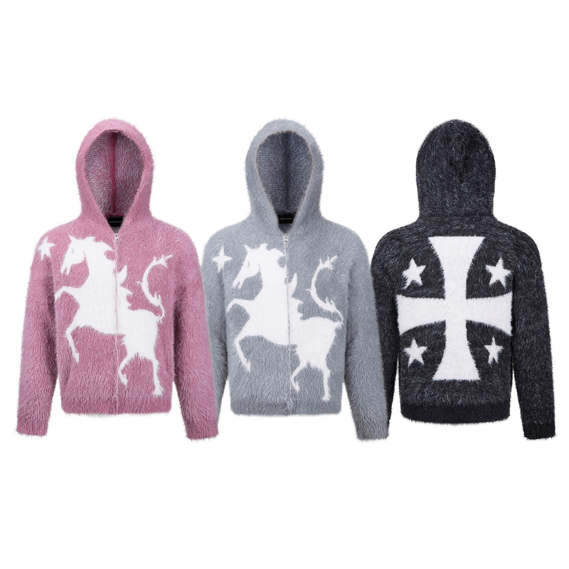 Sweat à capuche zippé en maille duveteuse – Motifs licorne et étoiles