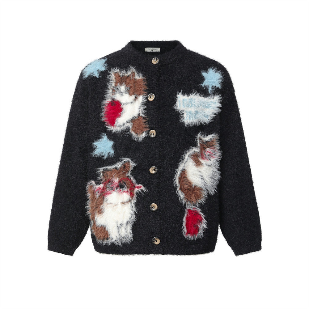 Cat Cartoon Fuzzy Knit Cardigan Sweater – Crew Neck Button-Front