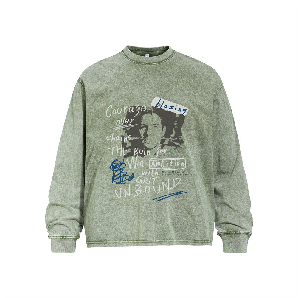 Men's Vintage Washed Long Sleeve Graphic Tee – Oversized Crew Neck Punk Street
