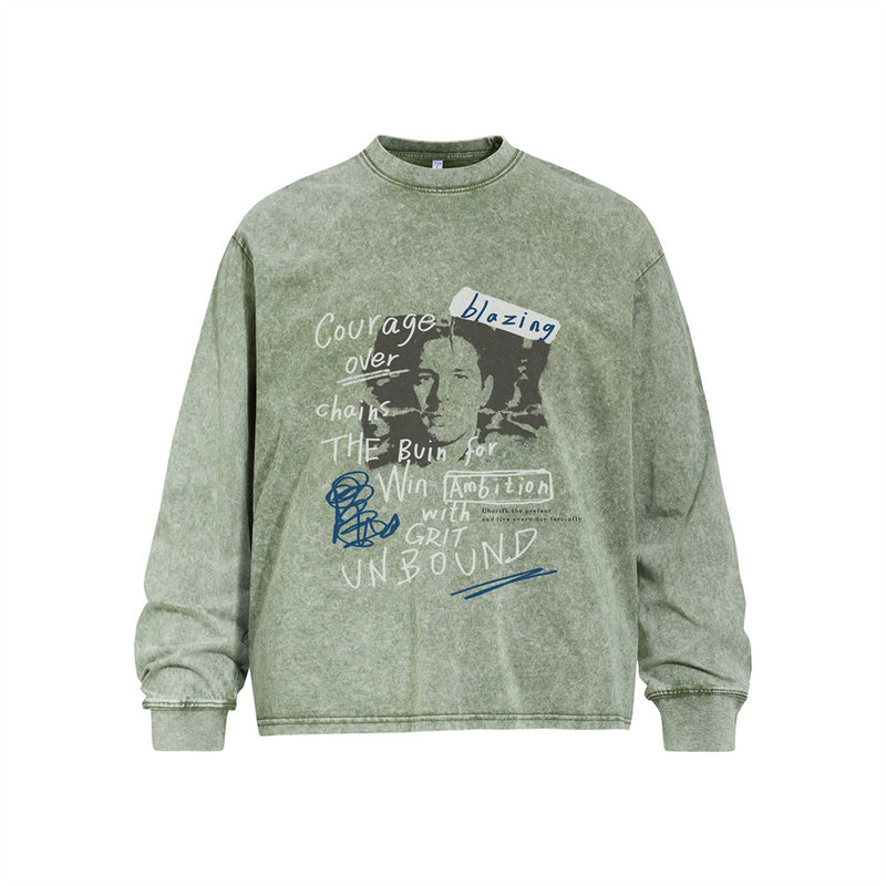 Men's Vintage Washed Long Sleeve Graphic Tee – Oversized Crew Neck Punk Street