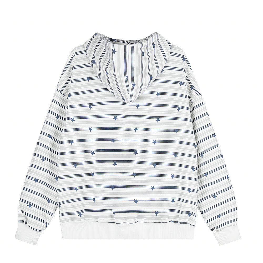 Hoodie zippé rayé imprimé étoiles – Sweat veste streetwear oversize