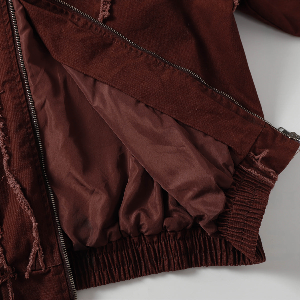 Men's Washed Distressed Zip-Up Hooded Jacket with Raw-Edge Patchwork