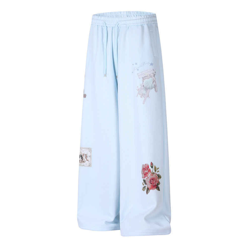 Wide-Leg Sweatpants with 3D Rose & Butterfly Print, Elastic Drawstring Waist