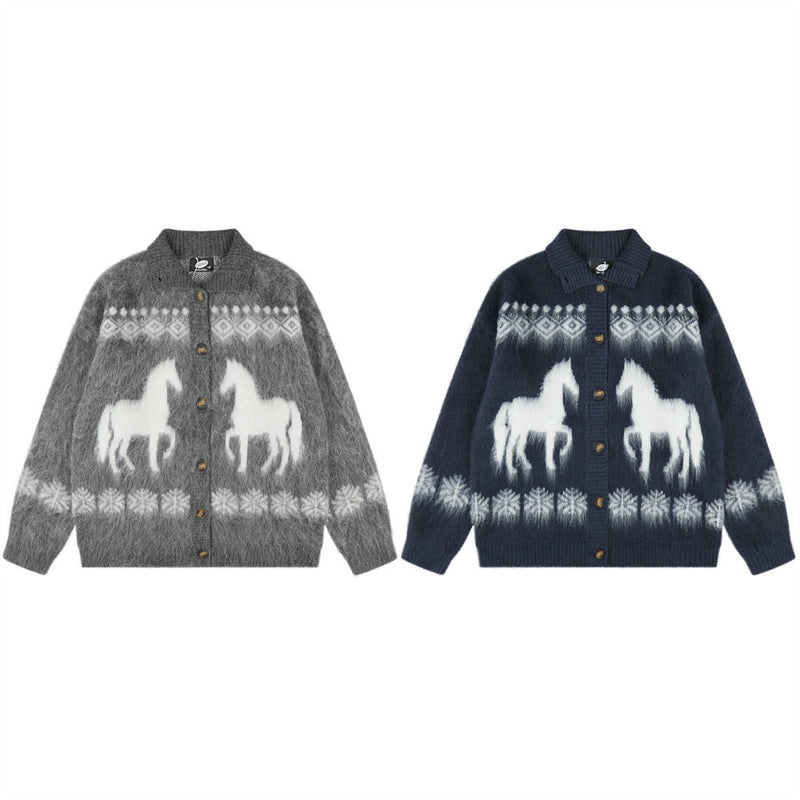 Cárdigan de Punto Jacquard con Caballos – Jersey Oversize de Punto Fair Isle con Botones