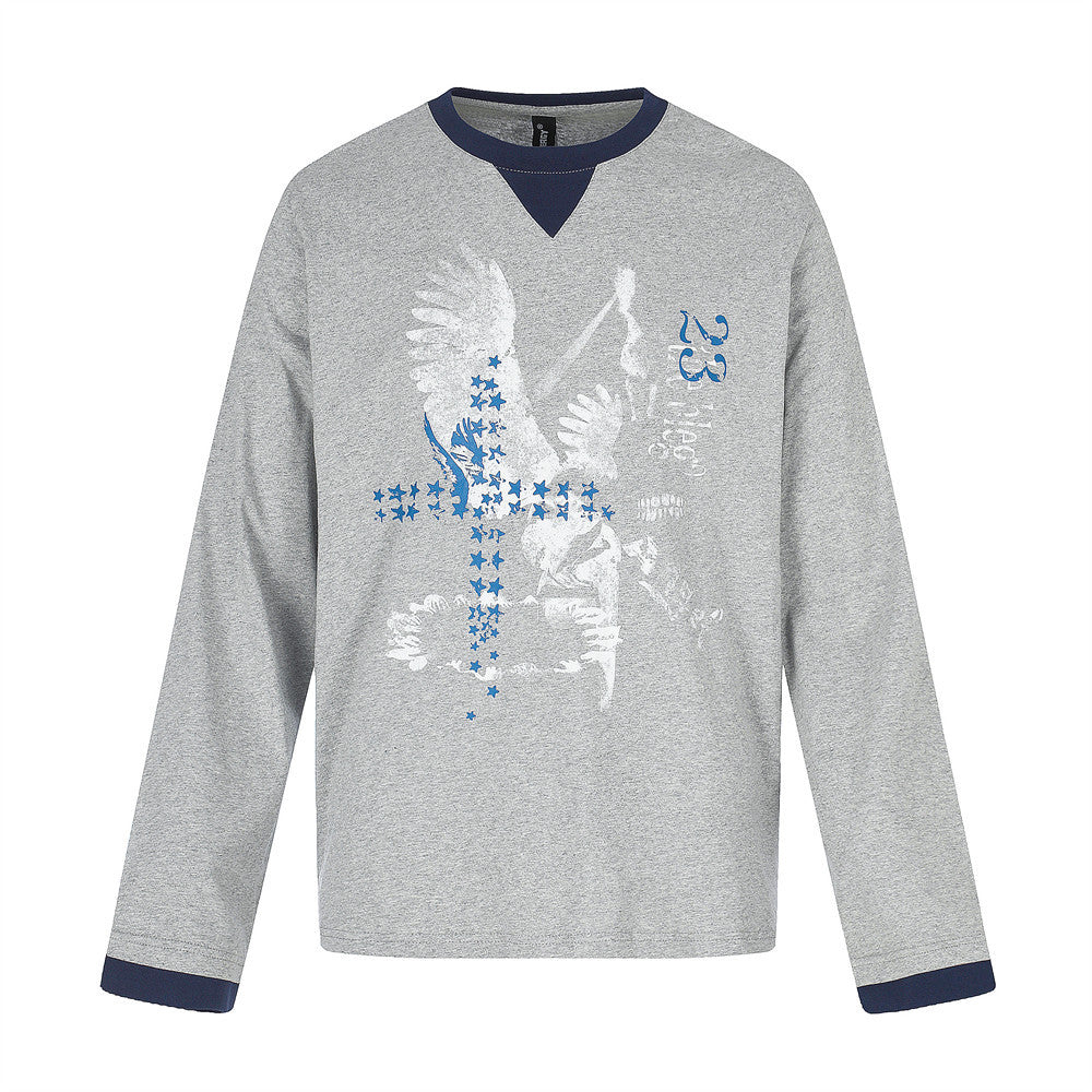 Men's Eagle & Star Graphic Long Sleeve Tee – Grey Colorblock Crew Neck