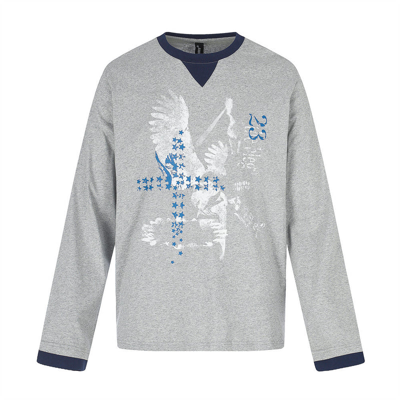 Men's Eagle & Star Graphic Long Sleeve Tee – Grey Colorblock Crew Neck