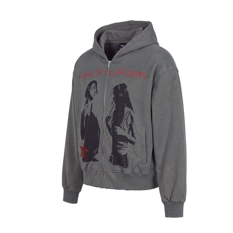 Spectravision Graphic Zip-Up Hoodie – Washed Oversized Heavy Fleece