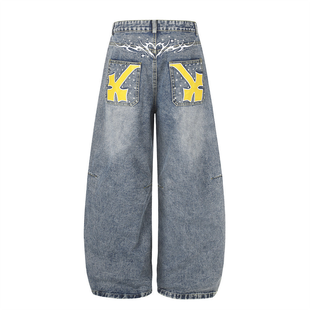 Wide-Leg Baggy Jeans with Cross Pocket Embroidery & Washed Distressed Finish