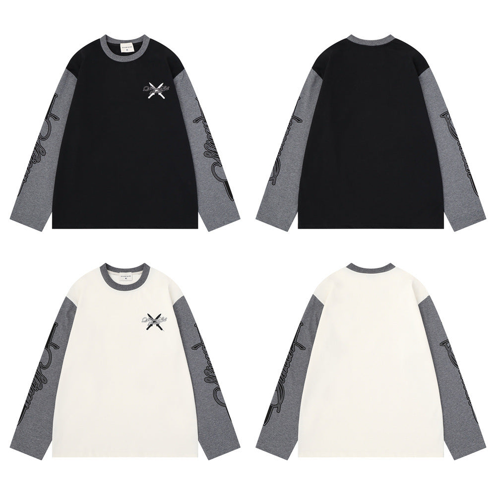 Camiseta de manga larga con bloques de color para hombre, con mangas gris jaspeado y bordado caligráfico, mostrada en tonos negros y crema