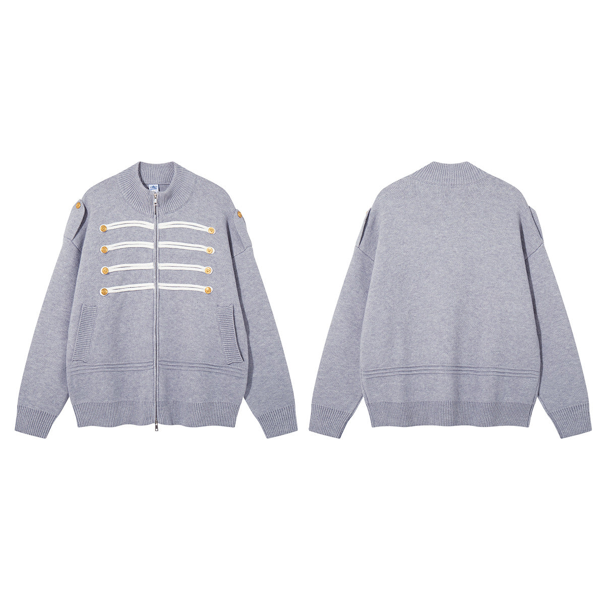 Military Knit Zip-Up Cardigan Sweater with Braided Cord & Button Detail