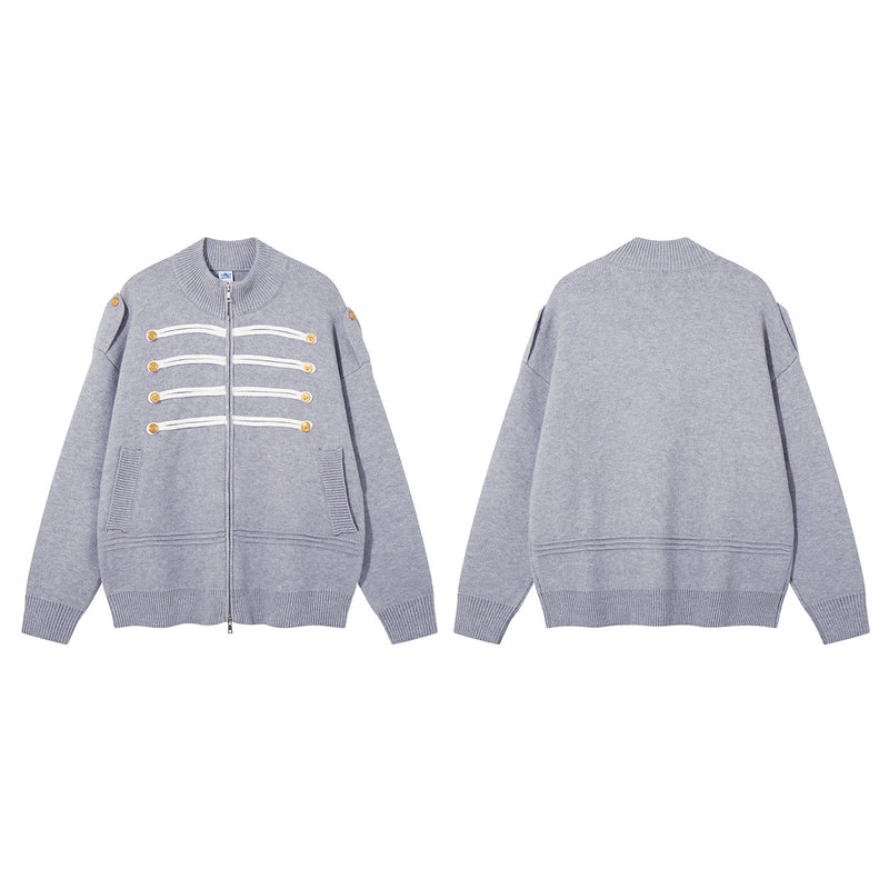 Military Knit Zip-Up Cardigan Sweater with Braided Cord & Button Detail