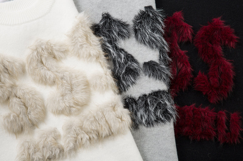Pull gris à col rond – Maille oversize avec motif en fausse fourrure