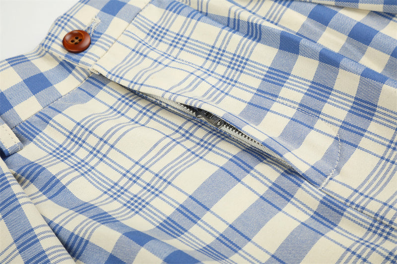 Wide-Leg Pleated Trousers in Blue Plaid Check