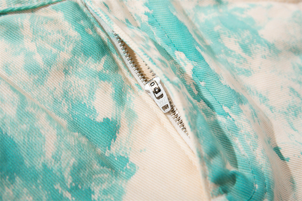 Tie-Dye Wide-Leg Denim Shorts – Loose Fit Cargo-Style Cropped Jeans