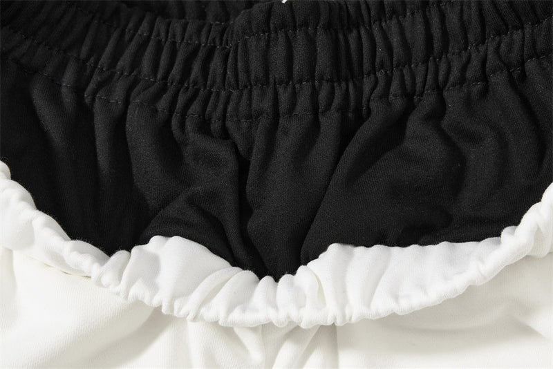 Contrast Double Waistband Wide Leg Sweatpants with Distressed Holes & Graphic Pr
