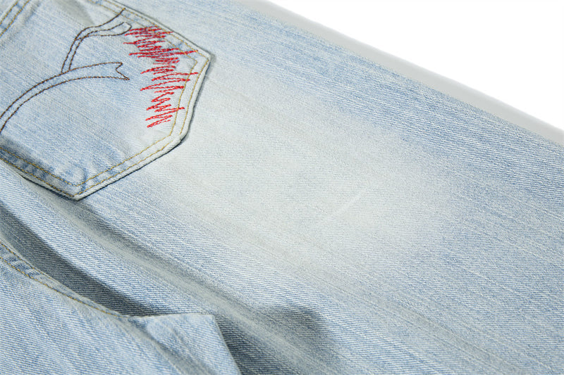 Wide-Leg Washed Denim Jeans with Cross Star Embroidery & Rhinestone Pocket