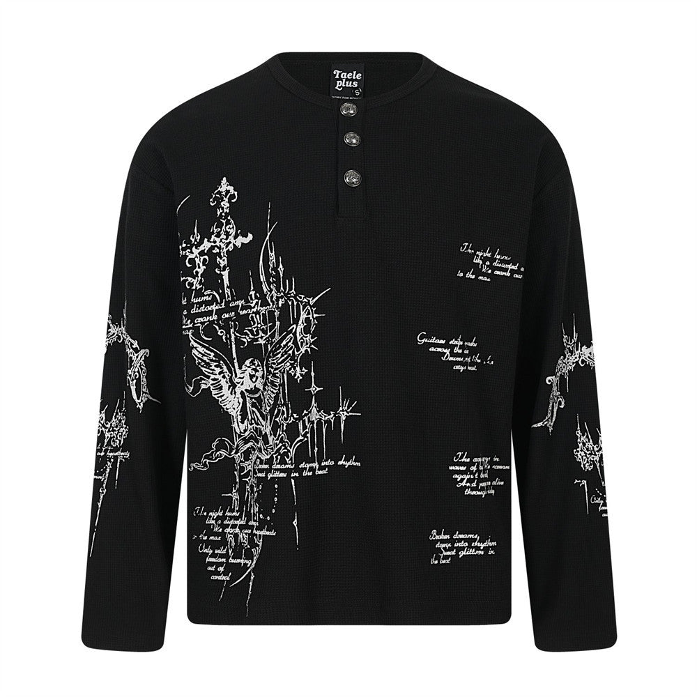 Gothic cross and angel print waffle-knit Henley long-sleeve shirt in black with cursive script graphics on chest and sleeves