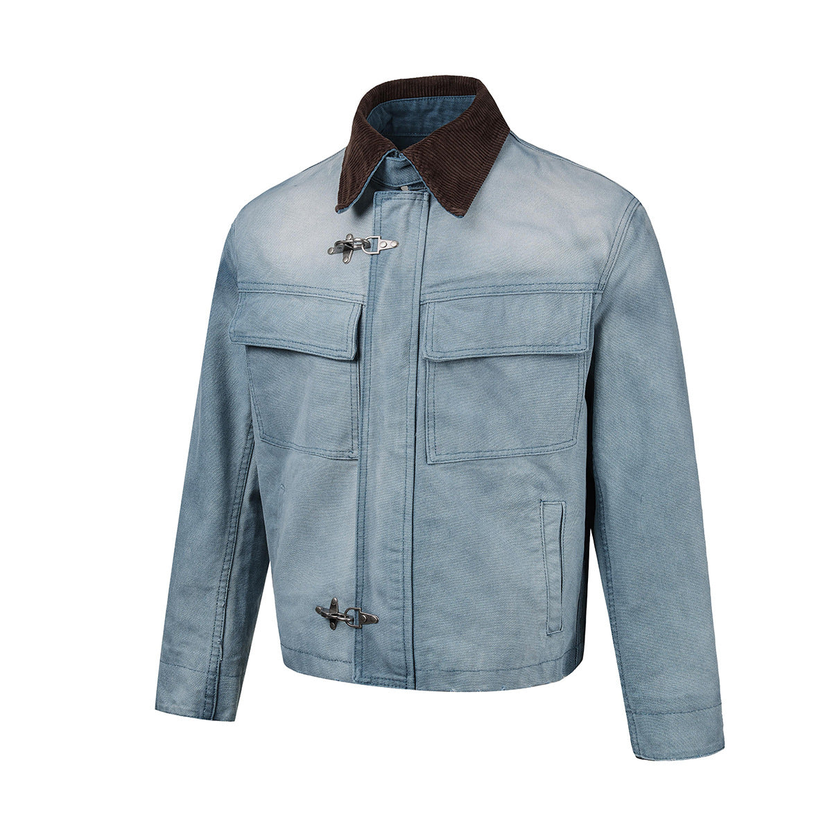 Boxy Washed Denim Workwear Jacket with Corduroy Collar & Clasp Closure