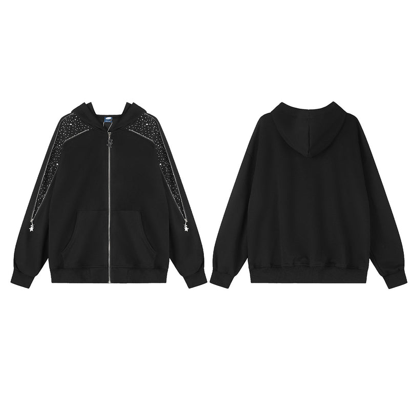 Zip-Hoodie mit Designer-Strass-Sternenpanel – schwarzes Oversize-Sweatshirt