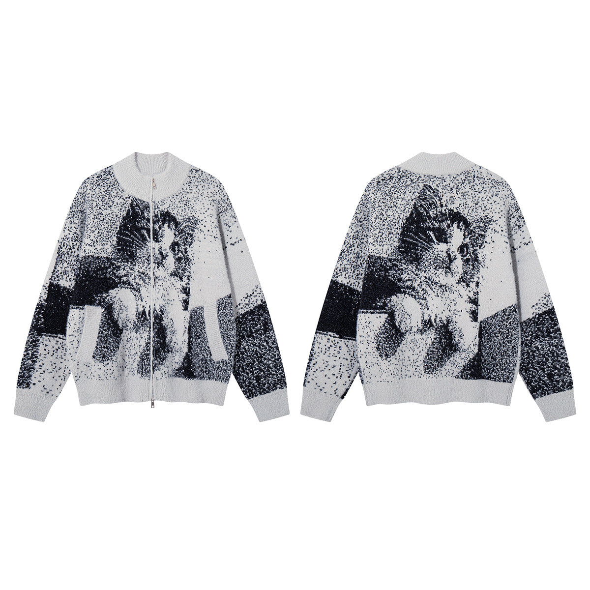 Cat Jacquard Knit Zip-Up Cardigan Sweater – Oversized Pixelated Graphic