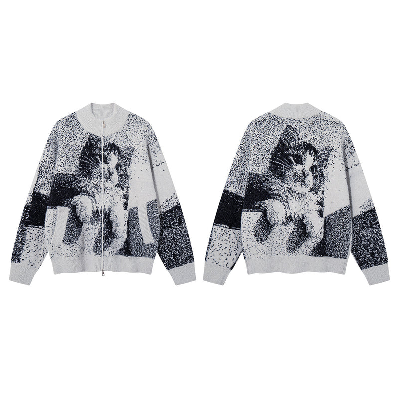 Cat Jacquard Knit Zip-Up Cardigan Sweater – Oversized Pixelated Graphic