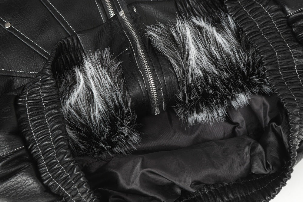Men's Studded Deconstructed PU Leather Hooded Jacket with Faux Fur Collar