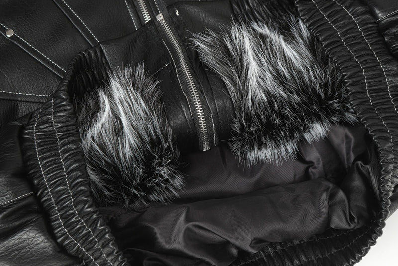 Men's Studded Deconstructed PU Leather Hooded Jacket with Faux Fur Collar