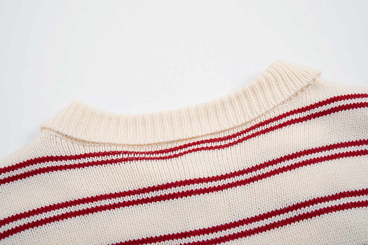 Striped Polo Knit Sweater with Cartoon Embroidery – Relaxed Unisex Pullover