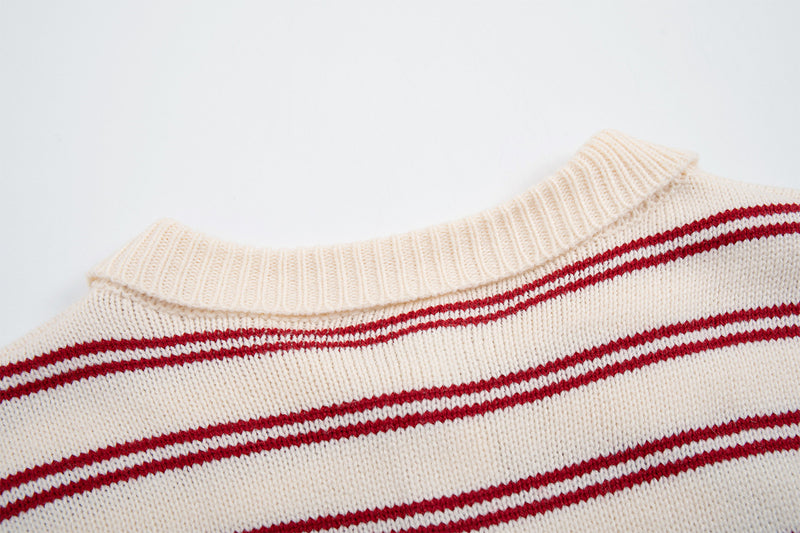 Striped Polo Knit Sweater with Cartoon Embroidery – Relaxed Unisex Pullover