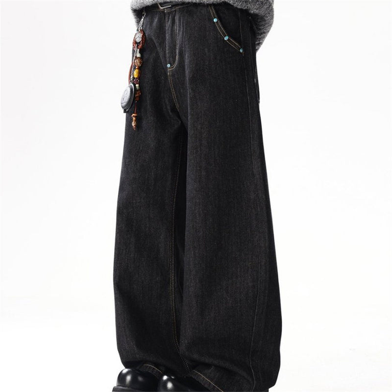 Wide-Leg Barrel Jeans – Turquoise Stud Detail, Curved Silhouette