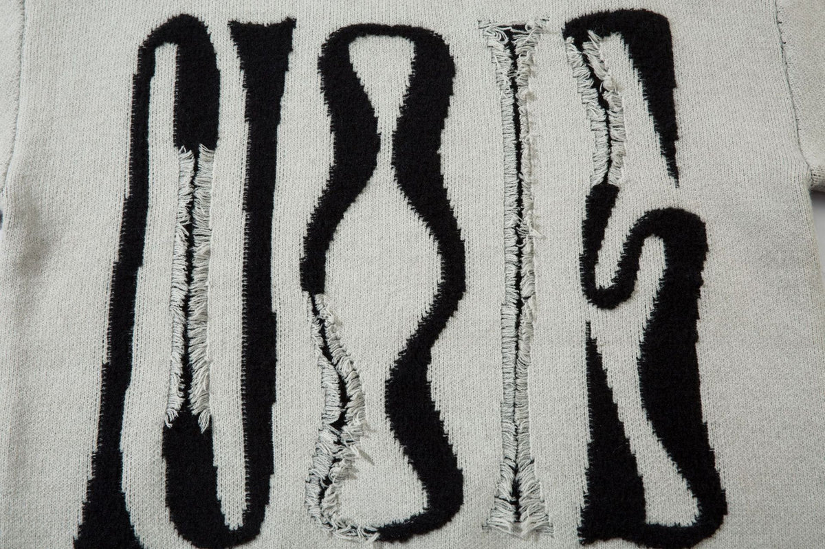Distressed Graphic Knit Sweater – Oversized Crewneck with Raw-Edge Letter Detail