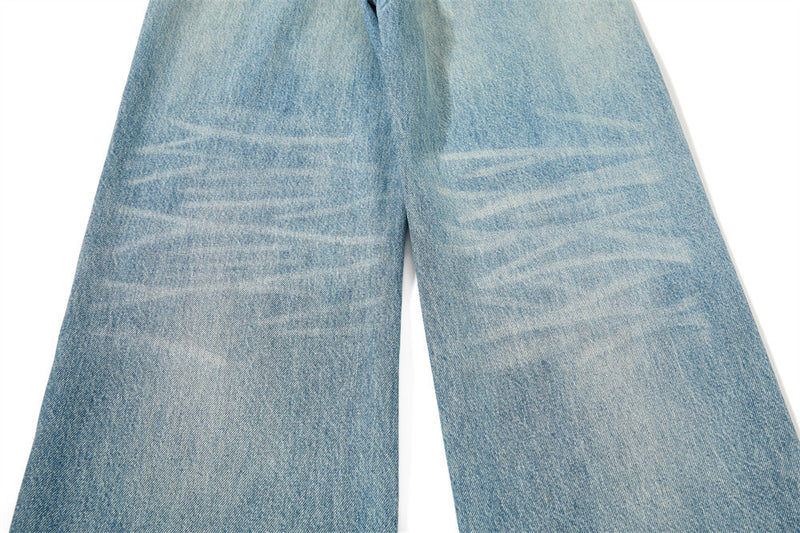 Men's Straight Fit Jeans Baggy Wide-Leg Washed Vintage Light Blue Denim