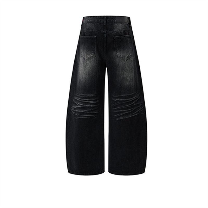 Men's Black Baggy Wide-Leg Jeans – Washed Distressed Curved Silhouette