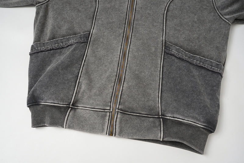 Acid Wash Zip-Up Fleece Jacket – Stand Collar, Vintage Moto Style