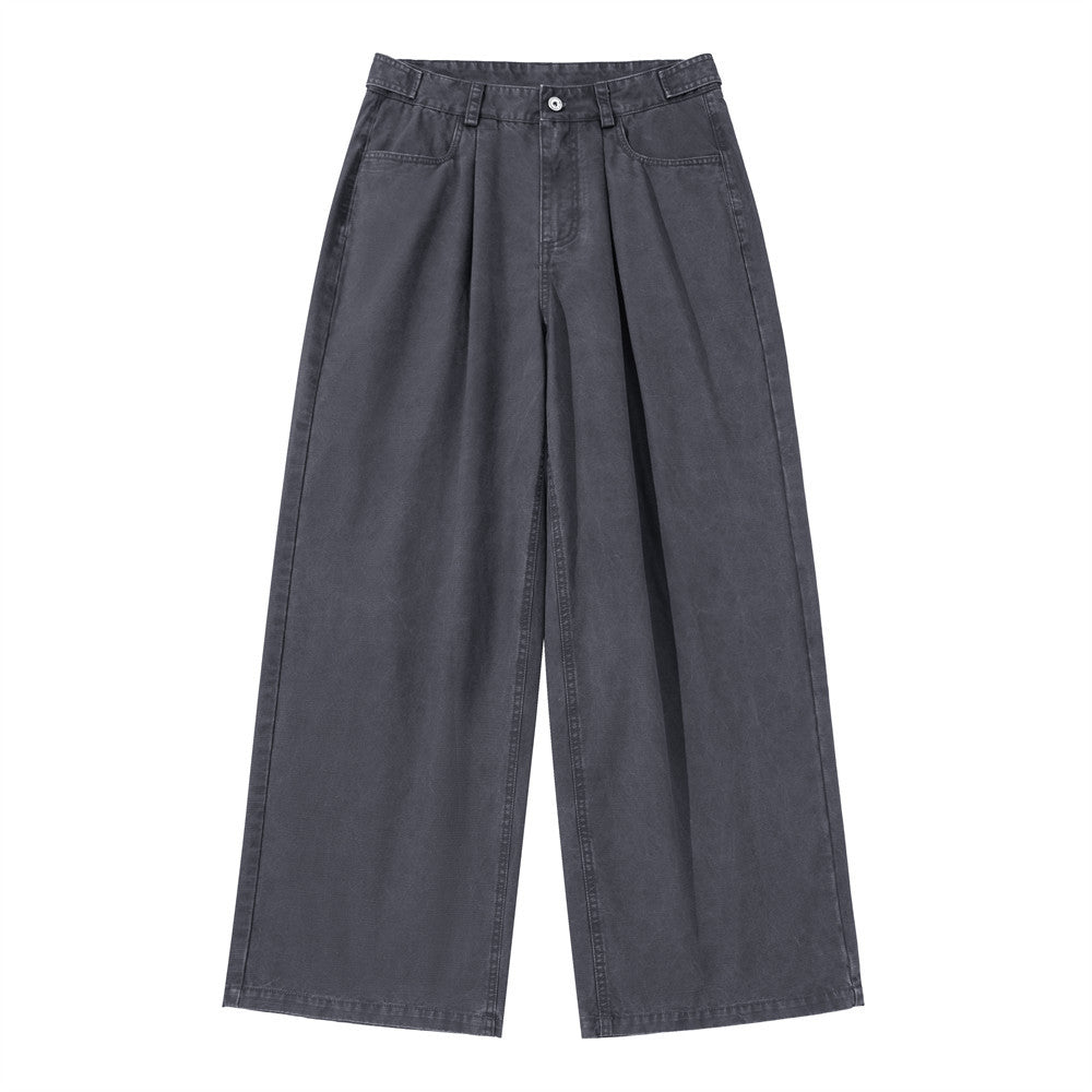 Men's wide-leg pleated trousers in slate grey with vintage washed finish and patch pockets, front and back view