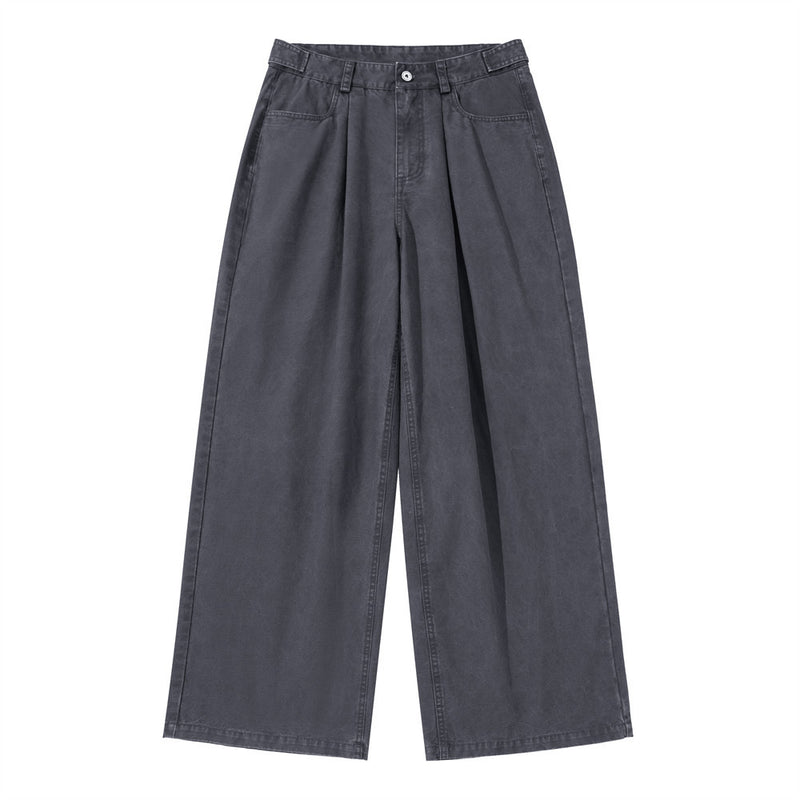 Men's wide-leg pleated trousers in slate grey with vintage washed finish and patch pockets, front and back view